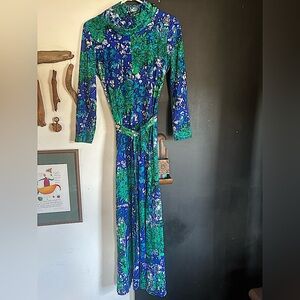 Vintage 70s Hippie Boho Blue Green Long Sleeve Maxi Dress Size M/L